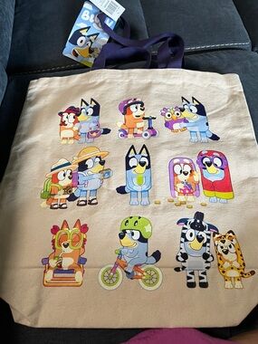 Bluey Canvas Tote Bag in Cream with Purple Handles